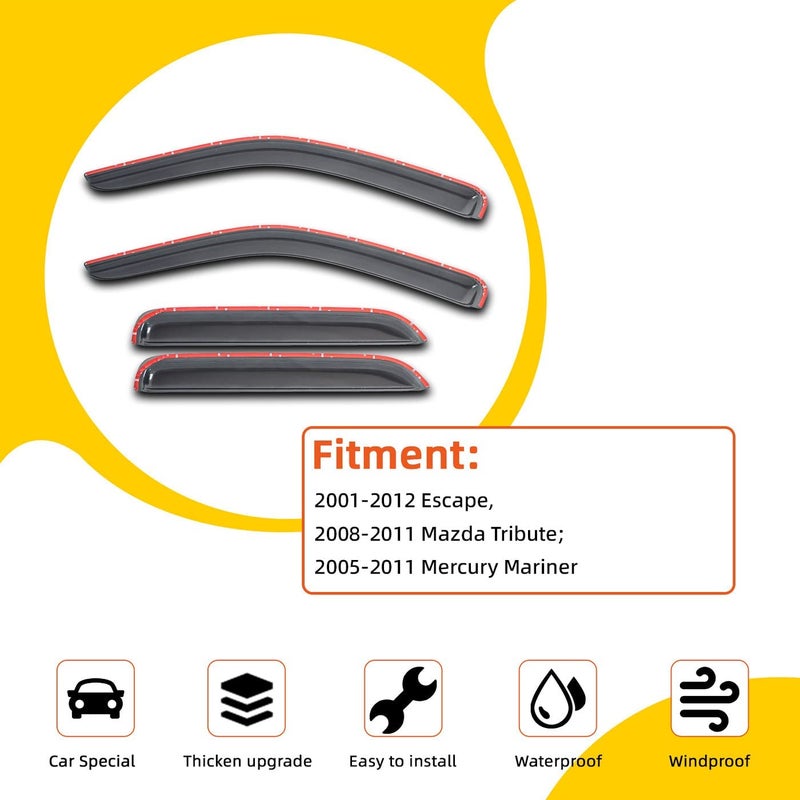 PLDDE 4pcs Sun/Rain Guard Compatible with 01-12 Escape 08-11 Tribute 05-11 Mercury Mariner Front+Rear Smoke Semi-Transparent Outside Mount Tape-On Window Visors - Image 2